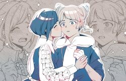  2girls b1ue_e4rth blue_eyes blue_hair blush closed_eyes collared_shirt commentary_request cone_hair_bun constricted_pupils double_bun frilled_shirt frilled_sleeves frills fukurai_azami gloves hair_bun highres holding_another&#039;s_wrist hood hood_down jasmine_(toshi_densetsu_kaitai_center) kiss kissing_cheek korean_commentary limited_palette long_sleeves multiple_girls partially_fingerless_gloves shirt short_hair sparkle standing surprised tears toshi_densetsu_kaitai_center upper_body yuri 