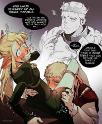  1boy 1girl @_@ artist_name blonde_hair blush cloak commentary covering_own_mouth crown cunnilingus dress dungeon_meshi eating eidinazavr elf english_commentary english_text food food_on_face fork fur-trimmed_cloak fur_trim furrowed_brow gorget gradient_background green_dress hetero holding holding_fork juliet_sleeves laios_touden long_hair long_sleeves marcille_donato moaning oral pointy_ears puffy_cheeks puffy_sleeves short_hair sidelocks signature simple_background speech_bubble spoilers sweatdrop tearing_up translated yellow_eyes  rating:Explicit score:82 user:Xalrun
