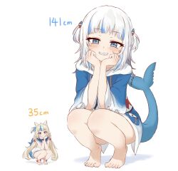  2girls ameneko_kuro animal_costume animal_ears barefoot blonde_hair blue_eyes blue_hair blue_hoodie blush breasts cat_ears closed_mouth commentary_request dress feet fins fish_girl fish_tail full_body gawr_gura gawr_gura_(1st_costume) grin hair_ornament highres hololive hololive_english hood hoodie indie_virtual_youtuber lifebuoy_hair_ornament long_hair looking_at_viewer low_twintails medium_hair mini_person minigirl multicolored_hair multiple_girls one_side_up sameko_saba shark_costume shark_girl shark_hair_ornament shark_tail sharp_teeth simple_background size_difference sleeveless sleeveless_dress small_breasts smile species_connection squatting streaked_hair tail teeth twintails two_side_up very_long_hair virtual_youtuber voice_actor_connection white_background white_dress white_hair 