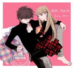  1boy 1girl artist_name barefoot black_pants black_shirt black_thighhighs blue_eyes border brown_hair candy chocolate chocolate_heart dated dress earrings feeding food gundam gundam_wing hair_behind_ear heart heart-shaped_food heero_yuy jewelry kajikaono long_hair long_sleeves looking_at_another on_lap open_mouth outside_border pants pink_background red_dress relena_peacecraft shirt sitting smile thighhighs valentine watermark white_border 