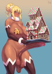  1futa allurmilk aqua_eyes areola_slip artist_name blonde_hair blue_background breasts christmas covered_erect_nipples dark_skin elbow_gloves erection futanari gloves huge_breasts huge_penis large_testicles long_hair looking_at_viewer opera_brest original penis smile solo standing sweat testicles thighhighs 