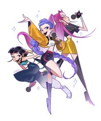  3girls akada arm_up artist_name black_boots black_gloves black_hair black_pants black_shirt boots braid commentary english_commentary fingerless_gloves full_body gloves gold_jacket gold_skirt high_heel_boots high_heels highres holding holding_microphone knee_boots kpop_demon_hunters long_hair microphone midriff mira_(kpop_demon_hunters) multiple_girls open_mouth pants pink_hair purple_hair rumi_(kpop_demon_hunters) shirt short_hair sideways_glance simple_background teeth thigh_boots upper_teeth_only v white_background white_shirt zoey_(kpop_demon_hunters) 