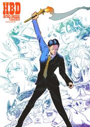  1girl 5boys araki_hirohiko_(person) arm_up baoh baoh_raihousha birthmark black_hair black_pants black_suit bt_(ma_shounen_bt) busoupo-ka- card cat closed_eyes commentary cracked_skin dolce_(under_execution_under_jailbreak) dolce_and_his_master earrings english_commentary fire formal_clothes freddie_mercury&#039;s_rage_pose gorgeous_irene hat highres holding holding_torch irene_rapona jewelry jodio_joestar joestar_birthmark jojo_no_kimyou_na_bouken lipstick long_bangs long_hair ma_shounen_bt makeup mayimster mike_harper multiple_boys necktie pants real_life shirt short_hair smile standing suit the_jojolands torch triangle_print weapon white_background yellow_necktie 