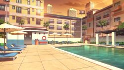  apartment balcony caustics chair floodlights highres lifebuoy light_reflection_(water) lounge_chair no_humans non-web_source official_art our_life our_life:_beginnings_and_always outdoors palm_tree pool pool_ladder pool_noodle scenery sunset swim_ring tile_floor tiles tree umbrella variant_set window 