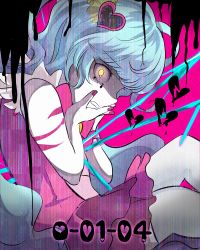  absurdres blue_hair broken_heart dress glowing glowing_eyes hair_ornament heart highres lobotomy_corporation magical_girl nail_polish pink_dress project_moon queen_of_hatred tears yellow_eyes  rating:Questionable score:1 user:th8827