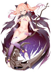  1girl akazawa_red bikini bikini_warriors feet female_focus full_body gradient_hair highres loli looking_at_viewer multicolored_hair navel necromancer necromancer_(bikini_warriors) pink_hair pubic_tattoo red_eyes scythe stirrup_legwear swimsuit tagme tattoo toeless_legwear torn_clothes twintails 