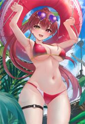  1girl :d armpits arms_up bikini blue_sky breasts cloud commentary_request day eyewear_on_head gluteal_fold halterneck heart heart-shaped_eyewear heterochromia high_ponytail highres holding holding_swim_ring hololive houshou_marine houshou_marine_(summer) inari_(ambercrown) innertube large_breasts long_hair looking_at_viewer navel o-ring o-ring_thigh_strap official_alternate_costume open_mouth outdoors ponytail purple-tinted_eyewear red_bikini red_eyes red_hair sidelocks sky smile solo stomach sunglasses swim_ring swimsuit teeth thigh_strap tinted_eyewear upper_teeth_only virtual_youtuber yellow_eyes 