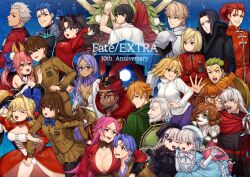 6+boys 6+girls absurdres ahoge air_bubble alice_(fate) animal_ear_fluff animal_ears anniversary archer_(fate) arcueid_brunestud arcueid_brunestud_(berserker) arm_around_neck armlet armor bare_shoulders beard belt bindi black-framed_eyewear black_armor black_bow black_bowtie black_dress black_gloves black_hair black_hat black_jacket black_pantyhose black_ribbon blonde_hair blue_bow blue_bowtie blue_dress blue_eyes blue_hair blue_kimono blue_ribbon bow bowtie bracelet braid braided_bun breasts brown_eyes brown_hair brown_jacket brown_pants brown_skirt bubble cape cheek-to-cheek chinese_clothes cleavage clenched_teeth closed_eyes closed_mouth clown_mask copyright_name crossed_arms cu_chulainn_(fate) cu_chulainn_(fate/extra) dan_blackmore dark-skinned_female dark-skinned_male dark_skin detached_sleeves doll_joints dress earrings epaulettes everyone eyeliner facial_hair fate/extra fate_(series) fox_ears fox_girl fox_tail francis_drake_(fate) fur-trimmed_jacket fur_trim gatou_monji gawain_(fate) glasses gloves goatee gold_trim gradient_hair green_cape green_eyes green_hair green_shirt grey_eyes grin hair_between_eyes hair_bow hair_bun hair_intakes hair_over_shoulder hair_ribbon hair_slicked_back hand_on_another&#039;s_chest hand_up happy hat hat_ribbon heads_together highres hoop_earrings jacket japanese_clothes jewelry joints julius_belkisk_harway karokuchitose kimono kishinami_hakuno_(female) kishinami_hakuno_(male) large_breasts leaf leonard_bistario_harway li_shuwen_(fate) li_shuwen_(young)_(fate) light_blush locked_arms long_hair long_sleeves looking_at_another looking_at_viewer lu_bu_(fate) makeup mask matou_shinji_(fate/extra) multicolored_hair multiple_boys multiple_girls neck_ribbon nero_claudius_(fate) nero_claudius_(fate/extra) nursery_rhyme_(fate) one_eye_closed orange_hair orange_jacket outstretched_arm pants pantyhose parted_bangs pauldrons pink_hair pleated_skirt ponytail ponytail_holder purple_brooch purple_eyes purple_hair purple_shirt purple_skirt purple_thighhighs rani_viii red_belt red_cape red_dress red_eyeliner red_eyes red_hair red_jacket red_ribbon red_shirt ribbon robin_hood_(fate) run_ru saver_(fate/extra) scar scar_on_face school_uniform shirt short_hair shoulder_armor skirt sleeves_past_wrists smile striped_bow striped_bowtie striped_clothes sweatdrop sweater tail tamamo_(fate) tamamo_no_mae_(fate/extra) teeth thighhighs tohsaka_rin_(fate/extra) tsukumihara_academy_uniform_(fate/extra) turtleneck twice_h_pieceman twintails two_side_up v-neck vlad_iii_(fate/extra) white_bow white_bowtie white_hair white_hat white_jacket white_ribbon white_shirt white_sweater yellow-framed_eyewear yellow_eyes