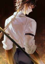 1boy ass from_behind genshin_impact holding holding_weapon looking_at_viewer looking_back neko_so_kawaii rex_lapis_(genshin_impact) solo solo_focus twitter vortex_vanquisher_(genshin_impact) weapon zhongli_(genshin_impact)