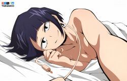  1girl artist_name audio_jack bed_sheet black_eyes black_hair bluesky_logo boku_no_hero_academia closed_mouth fanbox_logo jiro_kyoka long_earlobes looking_at_viewer lying on_side patreon_logo pixiv_logo reaching reaching_towards_viewer smile solo sweat tsuranukko twitter_x_logo white_background 