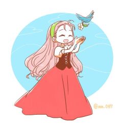  1girl :d artist_name bird blue_bird bokujou_monogatari closed_eyes dress flower full_body green_hairband hairband long_dress long_hair mm_087 open_mouth pink_hair popuri_(bokujou_monogatari) short_sleeves simple_background smile solo twitter_username very_long_hair white_flower 