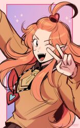  1girl absurdres arm_up artist_name blush chocolat_meilleure commentary cowboy_shot english_commentary fangs heart_pendant highres jennrostowsky long_hair necktie one_eye_closed open_mouth orange_hair pointy_ears purple_background smile solo sparkle sugar_sugar_rune v witch 