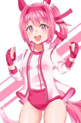 1girl absurdres buruma facing_viewer female_focus gym_uniform haru_urara_(umamusume) highres loli pink_hair red_buruma simple_background solo standing umamusume rating:Sensitive score:19 user:nao10