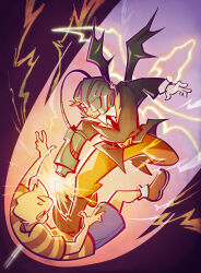  2boys arm_cannon belt black_boots black_jacket black_wings blonde_hair blue_shorts boots brothers brown_shoes child claus_(mother_3) collared_shirt cyborg entouragelvr75 fighting flying_kick green_eyes helmet highres jacket kicking lightning lucas_(mother_3) male_focus masked_man_(mother_3) mechanical_arms mother_(series) mother_3 multiple_boys necktie nintendo one-eyed one_eye_covered orange_hair orange_pants pants shirt shoes shorts siblings simple_background single_mechanical_arm sleeve_cuffs socks striped_clothes striped_shirt twins weapon white_socks wings 