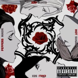  2boys 2girls album_cover_redraw album_name amikoiiko bags_under_eyes closed_eyes commentary_request dark-skinned_female dark_skin derivative_work edelgard_von_hresvelg english_text facial_mark ferdinand_von_aegir fire_emblem fire_emblem:_three_houses flower greyscale group_name hair_over_one_eye hair_ribbon highres hubert_von_vestra long_hair looking_at_flowers mismatched_eyebrows monochrome multiple_boys multiple_girls nintendo open_mouth parental_advisory petra_macneary plant ponytail portrait profile red_flower red_hot_chili_peppers red_rose ribbon rose short_hair simple_background spot_color thorns vines white_background 