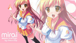  10s 1girl arm_up artist_name black_socks blonde_hair bow bowtie braid breasts character_name choco_chip collarbone culture_japan danny_choo dutch_angle eyelashes feet_out_of_frame female_focus fire full_body hair_between_eyes hair_ornament hairclip hairpin hand_on_own_hip highres kneehighs large_breasts lips long_hair looking_at_viewer mirai_millennium open_mouth over-kneehighs pleated_skirt ribbon sailor_collar school_uniform serafuku shade shirt short_sleeves skirt smile socks solo solo_focus standing stomach suenaga_mirai thighhighs thighs tongue upper_body very_long_hair white_shirt yellow_eyes 
