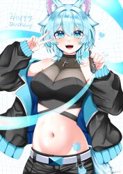  1girl :d absurdres animal_ear_fluff animal_ears bandeau bare_shoulders belt black_bandeau black_collar black_jacket black_shorts blue_eyes blue_hair blue_jacket blue_tail blush breasts collar commentary_request covered_collarbone cowboy_shot cross dated fox_ears fox_girl fox_tail groin hair_between_eyes happy_birthday heart highres ho_seppen holding holding_pen indie_virtual_youtuber jacket large_breasts latin_cross long_sleeves looking_at_viewer midriff nagumo_asu navel off_shoulder open_clothes open_jacket open_mouth pen see-through_cleavage see-through_clothes shorts sidelocks smile solo standing stomach_tattoo tail tattoo teeth twitter_username two-sided_fabric two-sided_jacket upper_teeth_only v virtual_youtuber white_belt 