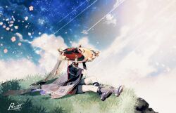  1boy armor black_hair black_kimono black_mask black_sandals black_shorts black_sleeves bridal_legwear facing_to_the_side falling_flower falling_petals flower from_side furisode genshin_impact gold gold_trim grass grey_veil hand_up hat hat_over_eyes highres japanese_armor japanese_clothes jingasa juban kimono kote kurokote layered_sleeves male_focus mask_on_hat on_grass outdoors petals pink_flower pink_petals purple_sleeves red_hat red_kimono rut1024 sandals scaramouche_(genshin_impact) see-through_clothes see-through_veil shooting_star short_sleeves shorts single_sode sitting solo stirrup_legwear tassel toeless_legwear twitter_username two-tone_hat veil white_kimono white_trim zouri 