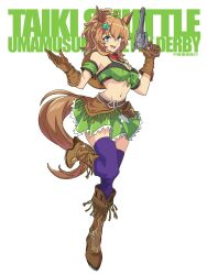  1girl :d absurdres animal_ears bandeau belt blue_eyes boots brown_belt brown_boots brown_hair character_name commentary copyright_name detached_sleeves finger_on_trigger full_body green_skirt gun handgun highres holster horse_ears horse_girl li_li_li_li_jun looking_at_viewer midriff miniskirt navel open_mouth purple_thighhighs revolver short_hair short_sleeves simple_background skirt skirt_set smile solo stomach taiki_shuttle_(umamusume) tail thighhighs umamusume weapon white_background 