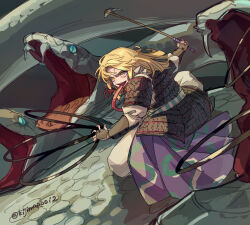  1girl armor blonde_hair dou hair_ribbon highres holding holding_weapon japanese_armor kijima_(amayadori-tei) long_tongue mishaguji moriya&#039;s_iron_rings moriya_suwako no_headwear ribbon shoulder_armor snake sode tongue tongue_out touhou weapon white_snake yellow_eyes 