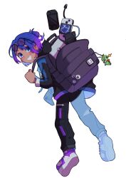  1girl absurdres ametrine_(bazzite) backpack bag black-framed_eyewear black_hoodie blue_hair blush cable computer controller copyright_request double-parted_bangs drawstring earrings eyewear_on_head from_behind game_controller gamepad glasses gnome_(software) gradient_hair hair_bun handheld_game_console highres holding hood hood_down hoodie jewelry kde kneepits konqi laptop linux logo long_sleeves looking_at_viewer looking_back mascot multicolored_hair official_art open_clothes open_hoodie open_mouth parted_bangs pocket purple-tinted_eyewear purple_hair round_eyewear shoes short_hair simple_background single_hair_bun smile sneakers solo steam_deck teeth tinted_eyewear 