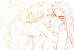  2girls alien_stage chest_tattoo commentary dress genderswap genderswap_(mtf) hug hyuna_(alien_stage) lineart long_hair lubya luka_(alien_stage) multiple_girls open_mouth sweat tank_top tattoo 