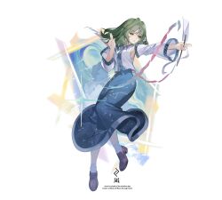1girl ankle_socks bare_shoulders blue_shoes blue_skirt breasts commentary detached_sleeves full_body gohei green_eyes green_hair highres kochiya_sanae loafers long_skirt long_sleeves medium_breasts parted_lips reeh_(yukuri130) shirt shoes skirt socks solo touhou touhou_hisoutensoku white_shirt white_sleeves white_socks wide_sleeves