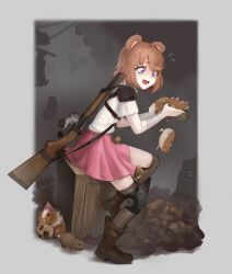  1girl 2025 6+others absurdres animal animal_ears bandaged_forearm bear_ears bear_girl black_boots boots brown_hair danceagainart gun highres holding holding_animal indie_virtual_youtuber loli miruku_kumazuki multiple_others pink_skirt purple_eyes rifle rimworld sitting skirt weapon  rating:Sensitive score:7 user:tyciol