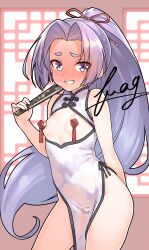  1girl absurdres artist_name blush breasts china_dress chinese_clothes cleavage_cutout clothing_cutout commentary_request covered_erect_nipples cowboy_shot dress folded_fan folded_ponytail folding_fan full-face_blush furaggu_(frag_0416) hair_ribbon hand_fan hatsuharu_(kancolle) highres holding holding_fan kantai_collection long_hair looking_at_viewer pasties pelvic_curtain ponytail print_dress purple_eyes purple_hair revealing_clothes ribbon see-through_clothes see-through_dress short_eyebrows side_slit sleeveless sleeveless_dress small_breasts smile solo tassel very_long_hair 