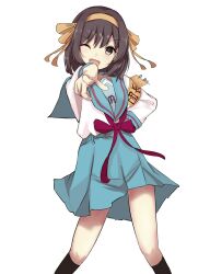  1girl :d armband blue_sailor_collar blue_skirt bob_cut bow bowtie breasts brown_eyes brown_hair collared_shirt commentary dancing dress_shirt feet_out_of_frame hair_bow hairband hand_on_own_hip hare_hare_yukai highres index_finger_raised kita_high_school_uniform long_sleeves looking_at_viewer megu_(9abgoluanvcjd7o) one_eye_closed open_mouth pointing pointing_at_viewer reaching reaching_towards_viewer red_bow red_bowtie red_ribbon ribbon sailor_collar school_uniform serafuku shirt short_hair simple_background skirt small_breasts smile solo suzumiya_haruhi suzumiya_haruhi_no_yuuutsu translated unfinished v-shaped_eyebrows white_background white_shirt winter_uniform yellow_armband yellow_bow yellow_hairband yellow_ribbon 
