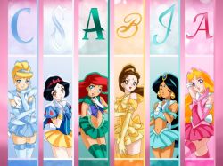  6+girls adapted_costume aladdin_(movie) ariel_(disney) aurora_(disney) beauty_and_the_beast_(disney) belle_(disney) bishoujo_senshi_sailor_moon black_hair blonde_hair blue_eyes blush brown_eyes brown_hair cinderella_(disney_character) cosplay dark-skinned_female dark_skin disney drachea_rannak gloves jasmine_(disney) lipstick long_hair makeup multiple_girls navel open_mouth parody purple_eyes red_hair skirt sleeping_beauty_(disney) smile snow_white_(disney) snow_white_(fairy_tale) snow_white_and_the_seven_dwarfs_(disney) style_parody the_little_mermaid_(disney) thighhighs thighs tongue  rating:Sensitive score:63 user:mr.Faiz