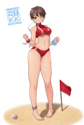  1girl armband artist_logo barefoot bikini bracelet brown_eyes brown_hair commentary_request flag headband highres jewelry kasugano_sakura kkzk61539201 logo red_bikini scallop short_hair simple_background solo sports_bikini street_fighter swimsuit translation_request turtleneck_bikini_top w_arms white_background white_headband 