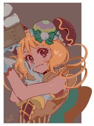  1girl :3 aqua_bow back_bow bamboo_steamer bare_arms bare_shoulders blonde_hair border bow bowtie brown_background brown_eyes bun_cover center_frills closed_mouth collared_shirt cure_yum-yum delicious_party_precure double_bun drill_hair dumpling eyelashes food food-themed_hair_ornament frilled_shirt frills gloves hair_bun hair_ornament hanamichi_ran hand_on_own_cheek hand_on_own_face hat hat_bow heart heart-shaped_pupils holding holding_food large_bow long_hair looking_at_viewer magical_girl orange_bow orange_shirt outside_border pointy_nose pom_pom_hat_ornament precure red_pupils shipu_(gassyumaron) shirt signature single_stripe sleeveless sleeveless_shirt smile solo striped_bow striped_bowtie striped_clothes symbol-shaped_pupils tareme twin_drills two-tone_bow upper_body white_border white_gloves yellow_bow yellow_bowtie 