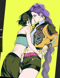  2girls back bare_arms bare_shoulders bbbone923 black_hair black_pants black_shorts blush braid brown_eyes commentary couple covered_collarbone crop_top cropped_jacket double_bun ear_piercing earrings elbow_rest english_commentary french_kiss green_background hair_bun hair_up highres imminent_kiss jacket jewelry kiss kpop_demon_hunters leaning_back leaning_forward long_braid long_hair long_sleeves looking_down multiple_girls navel nervous_sweating official_alternate_costume pants piercing purple_hair rumi_(kpop_demon_hunters) shorts simple_background single_braid standing stomach sweat thighs tongue tongue_out unfinished unusually_open_eyes yellow_jacket yuri zipper zoey_(kpop_demon_hunters) 