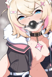  1girl animal_ears ball_gag bandaid bandaid_hair_ornament bdsm black_jacket blonde_hair blue_eyes breasts collar commentary cropped_jacket dog_ears dog_girl english_commentary fur-trimmed_jacket fur_trim gag hair_ornament headphones headphones_around_neck highres hololive hololive_english jacket kududama loli mococo_abyssgard mococo_abyssgard_(1st_costume) multicolored_hair nipples pink_hair saliva slave small_breasts solo streaked_hair sweat virtual_youtuber x_hair_ornament  rating:Explicit score:66 user:danbooru