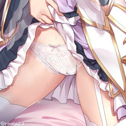 1girl bow bow_panties clothes_lift commentary_request crotch_seam garter_straps head_out_of_frame karyl_(princess)_(princess_connect!) karyl_(princess_connect!) kneeling lace lace_panties lifting_own_clothes panties princess_connect! purple_skirt skirt skirt_lift solo sweat thighhighs thighs torimaru twintails underwear white_panties white_thighhighs rating:Questionable score:192 user:danbooru