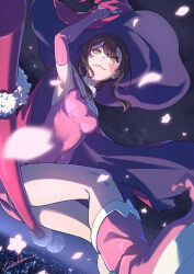  1girl arm_up armpits bow breasts broom broom_riding brown_hair cape dress elbow_gloves facial_mark gloves green_eyes grin hat heterochromia medium_breasts night outdoors pink_bow pink_cape pink_gloves pink_hat red_dress short_dress short_hair_with_long_locks signature sleeveless sleeveless_dress smile v_lila_f werkbau witch witch_hat yellow_eyes yozakura_quartet 