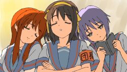  3girls armband asahina_mikuru blue_sailor_collar book breasts brown_hair closed_eyes closed_mouth collarbone commentary crossed_arms hair_between_eyes hair_ribbon hairband head_on_another&#039;s_shoulder highres holding holding_book kita_high_school_uniform medium_hair multiple_girls nagato_yuki open_mouth orange_hair purple_hair red_armband ribbon sailor_collar school_emblem school_uniform shirt short_hair short_sleeves sleeping sleepy small_breasts smile summer_uniform sunlight suzumiya_haruhi suzumiya_haruhi_no_yuuutsu symbol-only_commentary waka_849 white_shirt yellow_background yellow_eyes yellow_hairband yellow_ribbon 