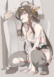 10s 1boy 1girl admiral_(kancolle) ahoge bdsm blush breasts brown_hair chair collar damaged hand_on_another&#039;s_head headpat heart heart-shaped_lock heart-shaped_pupils kantai_collection kongou_(kancolle) leash lock mouth_hold ningen_(ningen96) nipples nontraditional_miko pet_play pussy_juice sitting squatting sweat symbol-shaped_pupils thighhighs torn_clothes torn_legwear zipper rating:Explicit score:92 user:danbooru