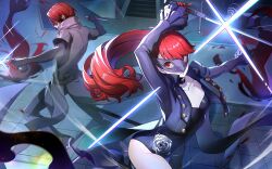  1boy 1girl artist_request black_choker black_jacket black_leotard black_mask black_pants choker cropped_jacket frilled_sleeves frills gun holding holding_gun holding_sword holding_weapon jacket kamishiro_nagisa leotard long_hair long_sleeves looking_at_viewer mask official_art pants persona persona_5 persona_5:_the_phantom_x persona_5_the_royal ponytail profile red_eyes red_hair sword third-party_source violet_(persona_5) weapon wonder_(p5x) yoshizawa_kasumi 