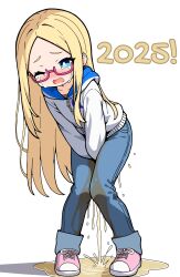  1girl between_legs blonde_hair blue_eyes crying denim flat_chest forehead gelbooru gelbooru-tan glasses hand_between_legs highres hood hoodie jeans knees_together_feet_apart leaning_forward leepicmochi long_hair new_year one_eye_closed pants parted_bangs pee peeing peeing_self puddle shoes simple_background sneakers solo tears unepicroachy zipper zipper_pull_tab 
