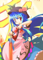  1girl 2000s_(style) :d apron black_hat blue_hair blue_skirt bow bowtie commentary_request cowboy_shot floating_hair hand_on_hilt hat hinanawi_tenshi long_hair looking_at_viewer neki-t open_mouth peach_hat_ornament pink_apron pink_shirt planted planted_sword planted_weapon puffy_short_sleeves puffy_sleeves red_bow red_bowtie red_eyes shirt short_sleeves skirt smile solo standing sword sword_of_hisou touhou very_long_hair weapon 