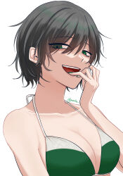  1girl absurdres alternate_costume bikini bikini_day black_hair breasts cleavage collarbone commentary green_nails halterneck hand_up highres medium_breasts murasa_minamitsu open_mouth panilla short_hair simple_background smile solo swimsuit teeth touhou twitter_username upper_body upper_teeth_only white_background 