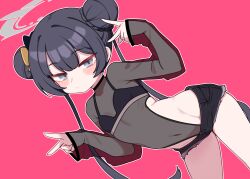  1girl absurdres black_bra black_hair black_shorts blue_archive blush bra double_bun flat_chest grey_eyes grey_halo hair_bun halo highres kisaki_(blue_archive) lk149 loli long_hair looking_at_viewer navel see-through_clothes shorts simple_background solo thighs twintails underwear 