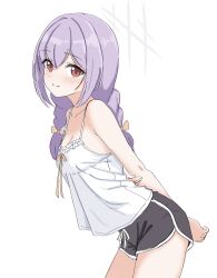  arms_behind_back atsuko_(blue_archive) blush bow braid breasts camisole cleavage cowboy_shot hair_between_eyes hair_bow halo highres holding_own_arm kamitosayu leaning_forward looking_at_viewer low_twin_braids medium_breasts purple_hair red_eyes shorts sidelocks simple_background smile twin_braids white_background white_camisole 