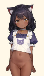 1girl ai-assisted animal_ear_fluff animal_ears arms_at_sides black_hair blush bottomless brown_eyes cat_ears choker cleft_of_venus closed_mouth cowboy_shot dark-skinned_female dark_skin female_focus highres loli looking_at_viewer medium_hair navel puffy_short_sleeves puffy_sleeves pussy short_sleeves solo standing uncensored rating:Explicit score:415 user:rodent