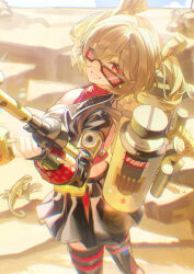  1girl absurdres black_jacket black_skirt black_thighhighs blonde_hair burnice_white closed_mouth cropped_jacket flamethrower gangsi_qiu_nianyu_jing highres holding holding_flamethrower holding_weapon jacket long_hair looking_at_viewer one_eye_closed red_eyes skirt smile solo sunglasses thighhighs twintails weapon zenless_zone_zero 