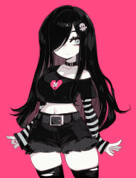  1girl aria_wintermint asymmetrical_breasts belt black_hair black_shirt blush breasts broken_heart_print choker closed_mouth collarbone commentary contrapposto cowboy_shot crop_top cropped_shirt english_commentary goth_fashion hair_ornament hair_over_one_eye high-waist_shorts highres large_breasts layered_sleeves long_hair long_sleeves midriff navel parororo pink_background shirt short_over_long_sleeves short_shorts short_sleeves shorts single_bare_shoulder skindentation solo standing stomach striped_sleeves the_crawling_city thighhighs torn_clothes torn_thighhighs 