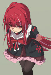  1girl arms_behind_back black_dress black_pantyhose cowboy_shot dress frilled_dress frills green_background highres hololive hololive_indonesia kureiji_ollie layered_dress leaning_forward long_hair long_sidelocks looking_at_viewer ludwigtk multicolored_hair olivia_(kureiji_ollie) pantyhose pink_hair red_eyes red_hair ringed_eyes short_dress sidelocks simple_background smile solo straight_hair streaked_hair underbust upturned_eyes virtual_youtuber 