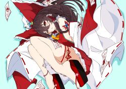  1girl absurdres ahoge anklet ascot bare_shoulders bead_anklet beads between_fingers blue_background bow brown_hair detached_sleeves double-parted_bangs feet flower_ornament frilled_bow frilled_hair_tubes frills hair_between_eyes hair_bow hair_tubes hakurei_reimu highres holding jewelry knees_together_feet_apart knees_up leg_ribbon long_sleeves nail_polish ofuda ofuda_between_fingers ofuda_on_clothes ofuda_on_leg okobo orb parted_lips platform_sandals red_bow red_eyes red_nails red_skirt ribbon ribbon-trimmed_sleeves ribbon_trim sandals skirt skirt_set solo thigh_ribbon toenail_polish toenails touhou unanooo_(fthx7532) wide_sleeves yellow_ascot yin_yang yin_yang_orb 